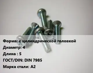 Винт с цилиндрической головкой 4х5 DIN 7985 Сталь: А2